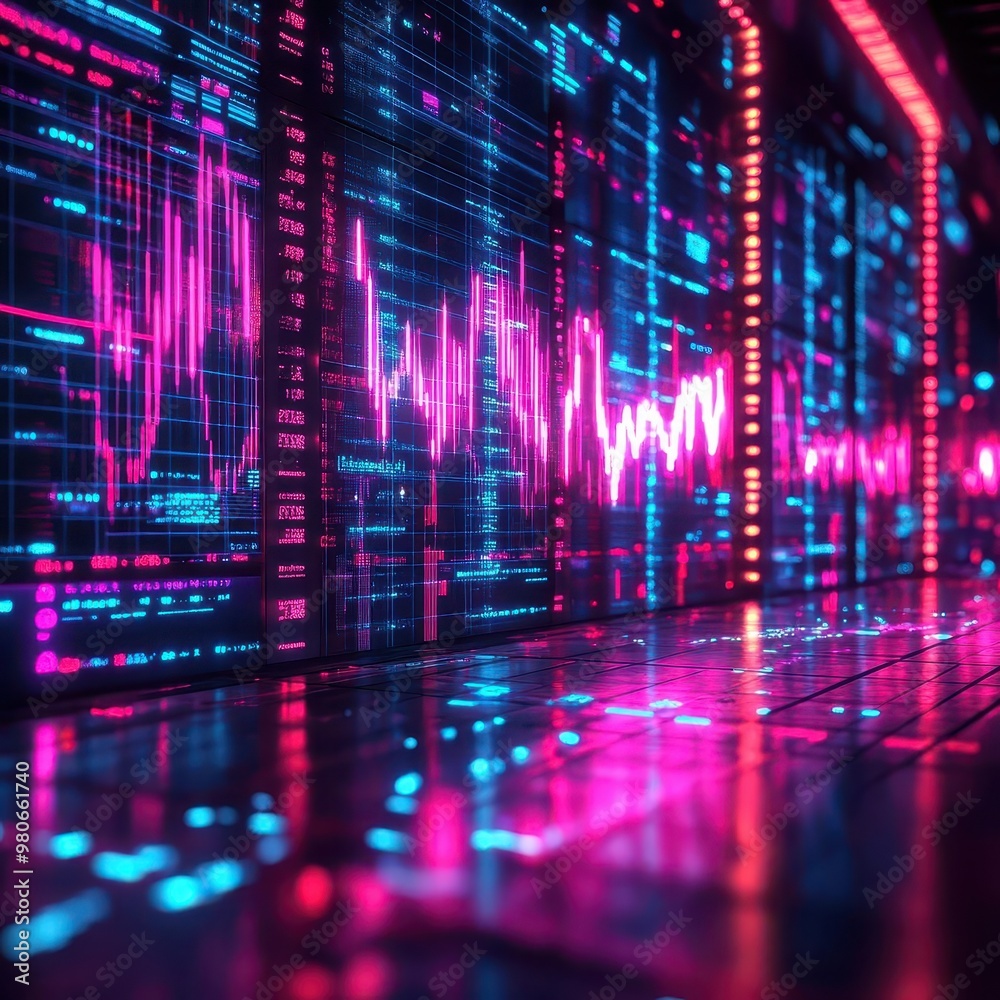 Abstract neon-lit stock market floor with glowing charts showing extreme fluctuations, [neon trading floor], [futuristic market fluctuation]