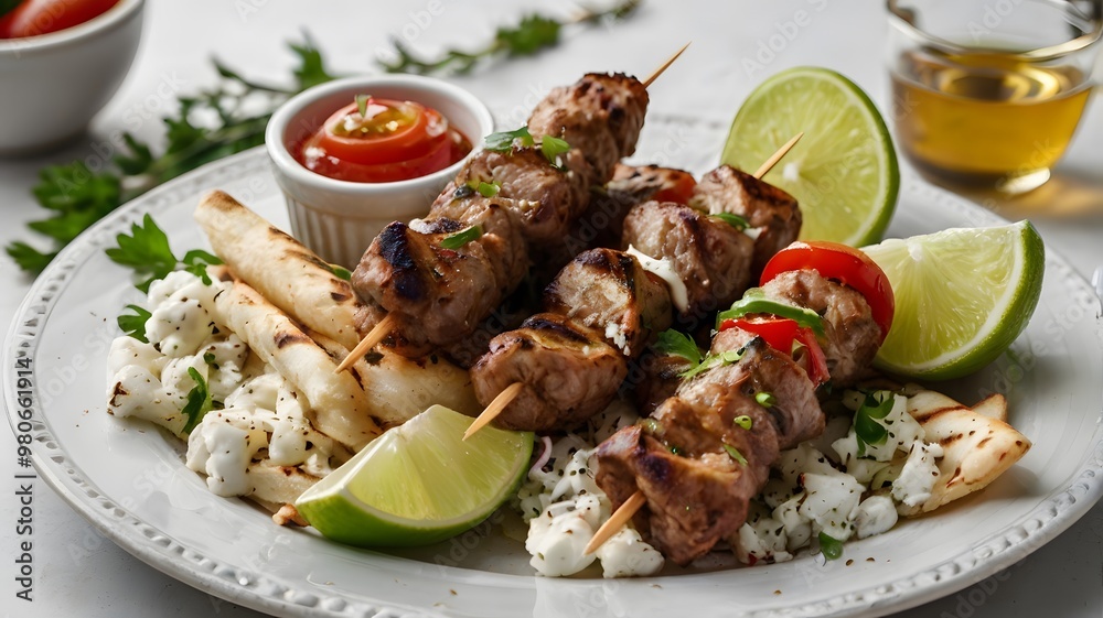 Tasty Delicious skewer Souvlaki grilled and cooked with Sauce Tasty Delicious skewer Souvlaki grilled and cooked with Sauce