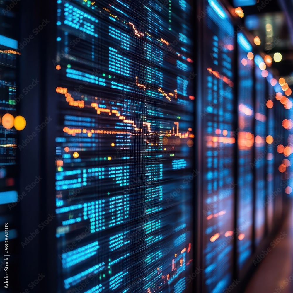 Naklejka premium High-frequency trading servers with complex data flows and fluctuating numbers displayed in neon colors, [data center trading], [HFT technology]