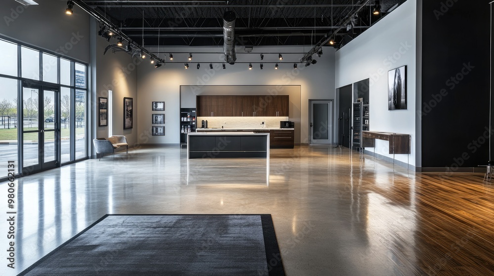 Contemporary photo studio interior with a sleek, open layout showcasing state-of-the-art lighting and high-end photography gear.