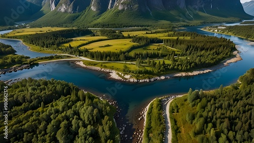 Romsdal Mountains valley and river landscape aerial view in Norway Travel scenery nature Andalsnes Romsdalseggen viewpoint summer season Generative AI photo