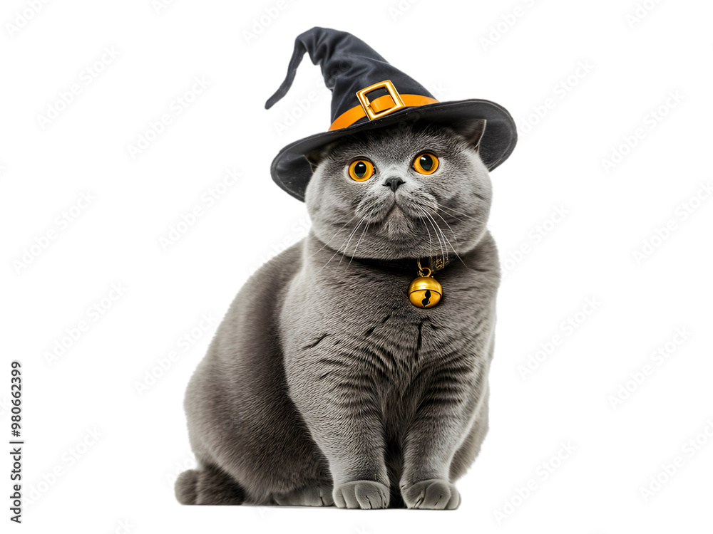 Fototapeta premium British Shorthair cat sitting in Halloween witch costume isolated on transparent background PNG