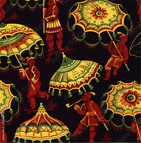 Pattern of men in robes holding elaborate umbrellas in red, yellow and green on a black background.