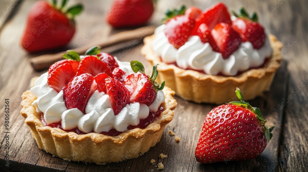 Delicious strawberry shortcake pies on a wooden table, natural light shining on the dessert, embodying the freshness of summer.