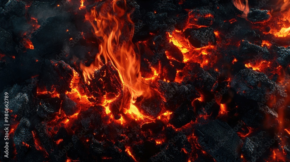 Dramatic fire with large flames and glowing coals, creating a vivid background of heat, destruction, and energy. Dramatic fire with large flames and glowing coals, creating a vivid background of heat, destruction, and energy.