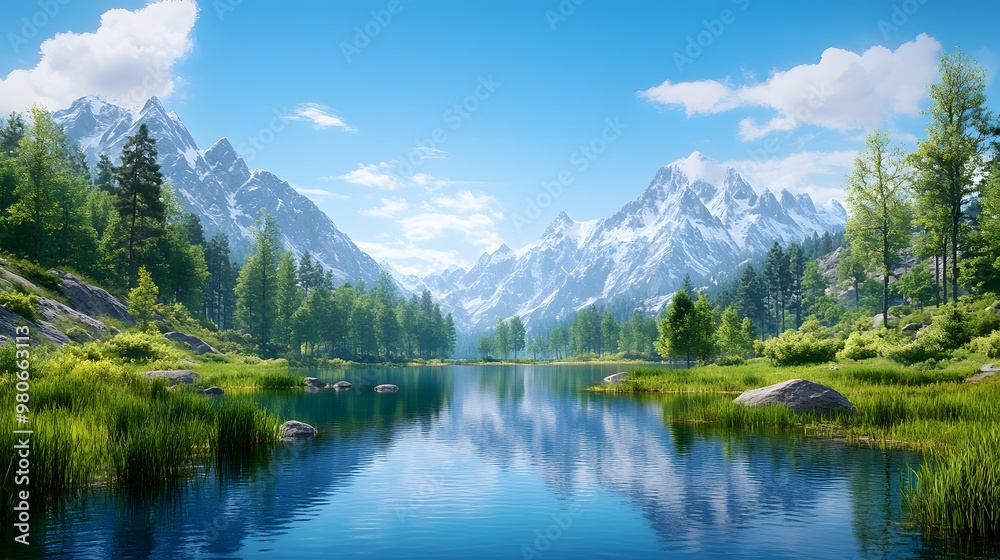 Peaceful mountain landscape with crystal-clear lake and lush greenery, reflecting the beauty of nature in vibrant colors. Peaceful mountain landscape with crystal-clear lake and lush greenery, reflecting the beauty of nature in vibrant colors.