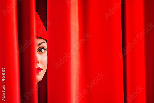 Actress peeks out from behind a red curtain, before a performance, copyspace photo