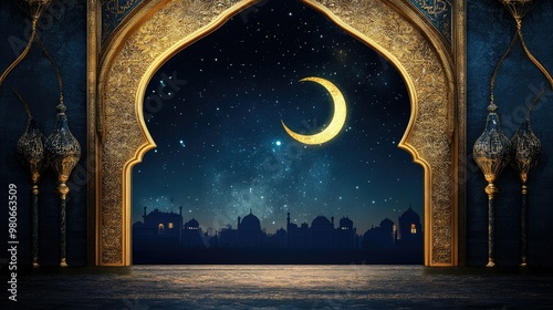 Elegant Islamic card for Eid Mubarak, featuring a golden archway and crescent moon under a clear night sky, symbolizing Ramadan Kareem. photo