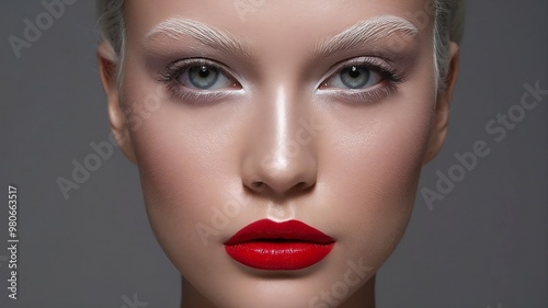 Striking close-up of a woman with bold red lips and white brows, embracing avant-garde beauty.