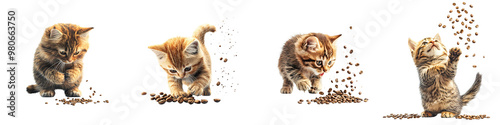 Four playful kittens curiously interacting with scattered coffee beans on a transparent background, showcasing their adorable and inquisitive nature. photo