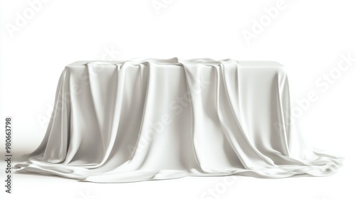 Elegant tablecloth draped on a table, isolated against a white background, emphasizing smooth fabric texture.