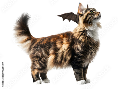 Maine Coon cat standing in Halloween batwing hat costume isolated on transparent background PNG photo