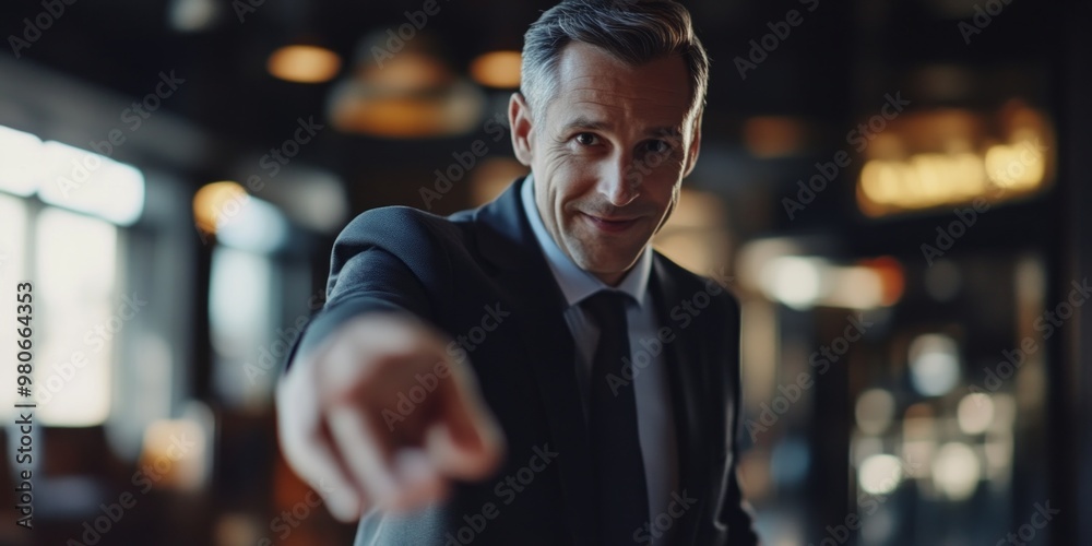 Confident businessman pointing at the viewer in a modern office setting. The atmosphere is professional and engaging. This image captures leadership and communication. AI Confident businessman pointing at the viewer in a modern office setting. The atmosphere is professional and engaging. This image captures leadership and communication. AI