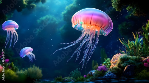 Stunning underwater scene featuring colorful jellyfish swimming gracefully among vibrant coral and sea plants. photo