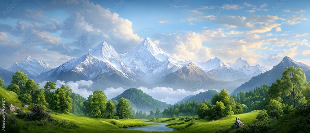Breathtaking mountain landscape with lush greenery, serene river, and dramatic clouds. Perfect for nature and travel themes. Breathtaking mountain landscape with lush greenery, serene river, and dramatic clouds. Perfect for nature and travel themes.