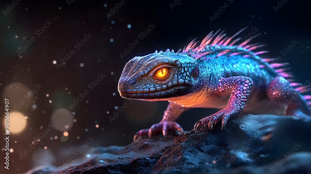 A vibrant lizard with glowing patterns and bright eyes, perched on a rock in a mystical environment filled with soft lighting.