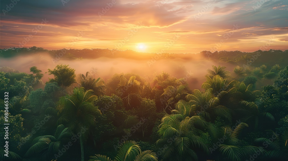 Sunrise over jungle. Generative AI. Sunrise over jungle. Generative AI.