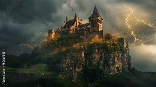 A castle is shown in the rain with a lightning bolt in the sky