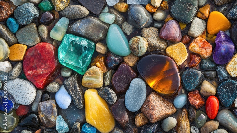 A vibrant array of polished gemstones and sea glass on the shore, with the beach covered in colorful, textured stones and smooth