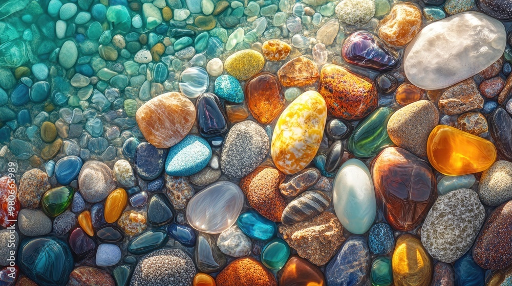 A vibrant array of polished gemstones and sea glass on the shore, with the beach covered in colorful, textured stones and smooth A vibrant array of polished gemstones and sea glass on the shore, with the beach covered in colorful, textured stones and smooth