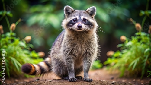 A grinning raccoon stands upright, its bushy tail held high like a triumphant flag, as if saying "I'm