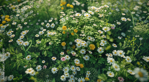 Top down view of wildflowers and weeds. Generative AI.