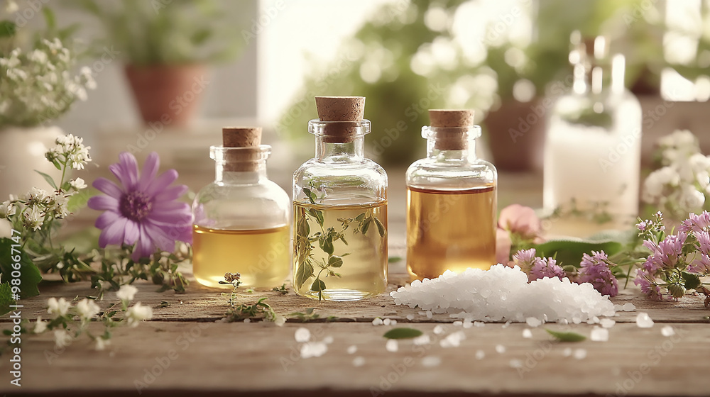 A row of glass bottles filled with various herbs and flowers, on a wooden surface.
A row of glass bottles filled with various herbs and flowers, on a wooden surface.