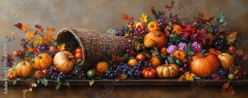 Autumn Harvest Still Life with Pumpkins  Grapes  and Cornucopia
