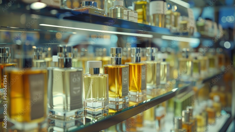 A display of elegant perfumes in a department store. A display of elegant perfumes in a department store.