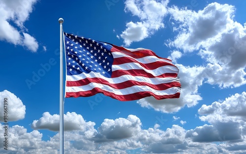 The American flag waves proudly against a backdrop of fluffy white clouds and a bright blue sky.