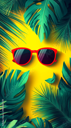 Red sunglass with dark lenses on bright yellow background, surrounded by lush green tropical palm leaves. Sense of leisure, vacation, tropical destinations, for summer-themed designs, advertisements
