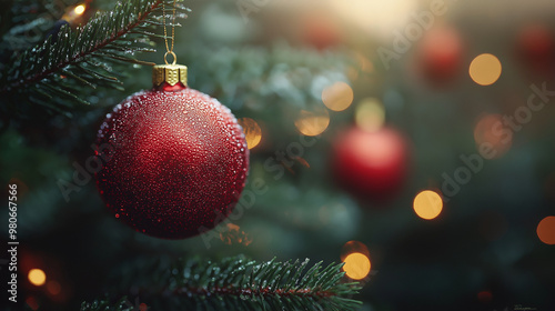 Traditional Christmas tree with red ball ornament with glowing colorful lights and snow in background