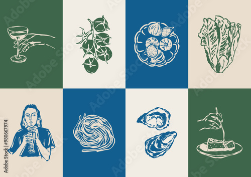 Minimal Italian cuisine vector illustration collection. Food and beverages doodles.