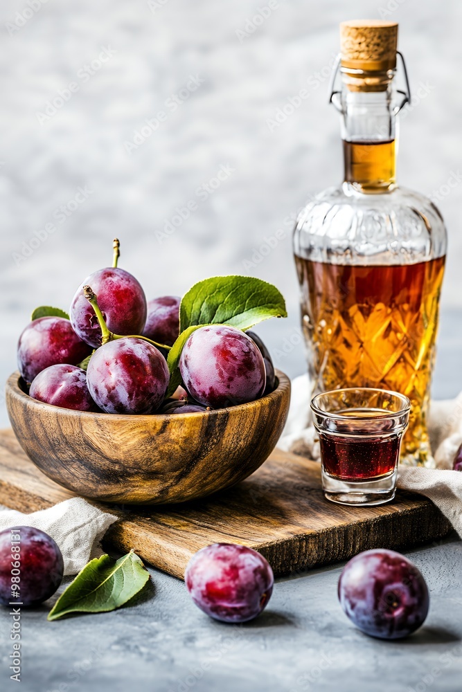 A wooden bowl filled with plump, ripe plums sits next to a bottle and shot glass of plum liqueur. A wooden bowl filled with plump, ripe plums sits next to a bottle and shot glass of plum liqueur.