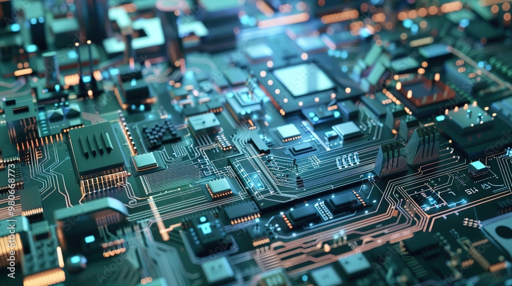 Futuristic microchip processor with lights on the blue background. Quantum computer, large data processing, database concept Futuristic microchip processor with lights on the blue background. Quantum computer, large data processing, database concept