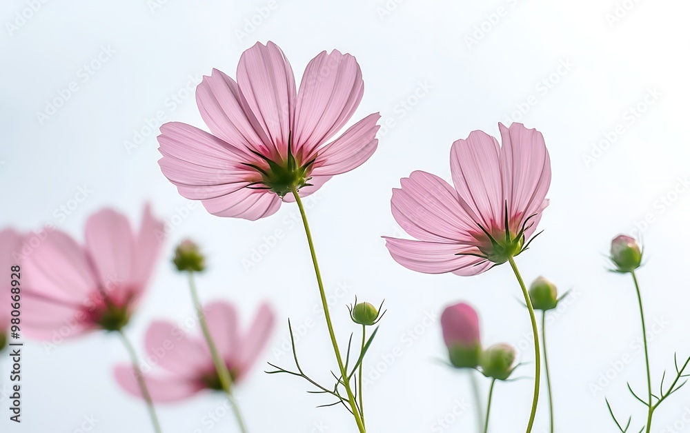 Delicate pink cosmos flowers sway gently in the breeze, creating a soft and romantic scene. Delicate pink cosmos flowers sway gently in the breeze, creating a soft and romantic scene.