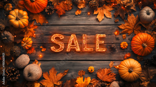 Autumn sale banner for fall-themed marketing campaigns, Thanksgiving sales, and autumn promotions. Word SALE is illuminated with glowing neon-style lights at the center, on wooden textured background