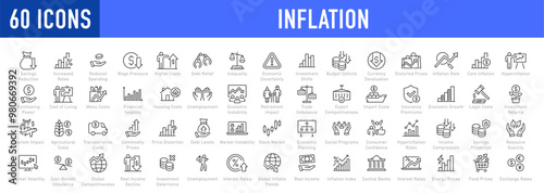 Inflation web icons in line style. Crisis, economic, unemployment, hyperinflation, inflation rate, scarcity, price increase, money, investment, depreciation, energy, transportation, collection. Vector