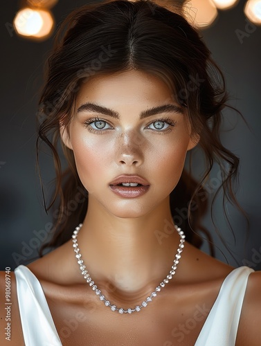 The model facing forward, wearing an elegant silver necklace with a minimalist design and clear gemstones. Generative AI.