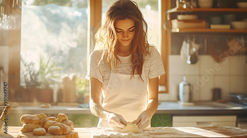 A woman entrepreneur baking in a warm, inviting home kitchen, kneading dough on a wooden counter, surrounded by flour, baking tools, and freshly baked goods photo