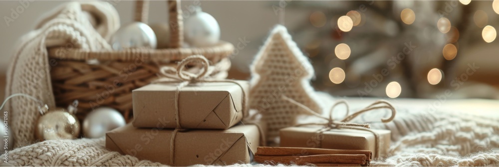 Create a cozy and festive ambience in your home during winter by decorating with wrapped presents, knitted decor, and seasonal adornments, bringing holiday spirit and joy to your space Create a cozy and festive ambience in your home during winter by decorating with wrapped presents, knitted decor, and seasonal adornments, bringing holiday spirit and joy to your space