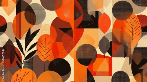 Modern seamless pattern background of autumn foliage and geometric shapes in warm earthy tones