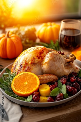 A beautifully cooked turkey served with citrus fruits, surrounded by autumn decorations and a glass of red wine.