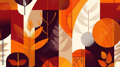 Modern seamless pattern background of autumn foliage and geometric shapes in warm earthy tones