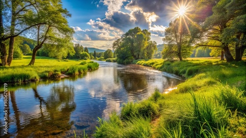 A serene riverbank teems with lush greenery, its gentle flow harmonizing with the vibrant hues of a surrounding photo