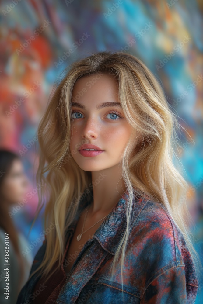Intense blue eyed blonde admires the eclectic art pieces Intense blue eyed blonde admires the eclectic art pieces