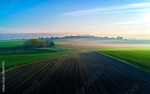 A wide, open field with rows of freshly tilled soil, a picturesque view of rolling hills and a small cluster of trees in the distance.