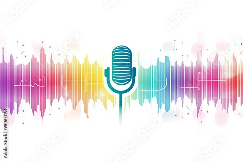 Abstract colorful sound wave pattern with minimalistic microphone icon on clean white background