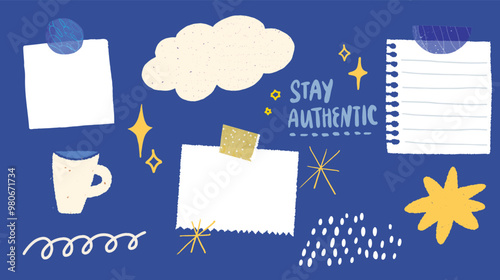 Memo paper board template, notes, taped messages, binder page. Stay autentic affirmation, inspirational quote. Cloud shape, cup of coffee and star stickers on blue background