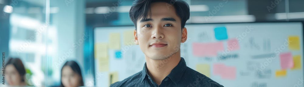 Confident Asian businessman presenting marketing strategy to team in sleek office, whiteboard filled with notes, focus on teamwork